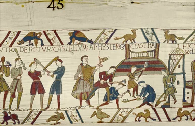 Normandiërs bouwen versterkingen in Hastings, Tapijt van Bayeux